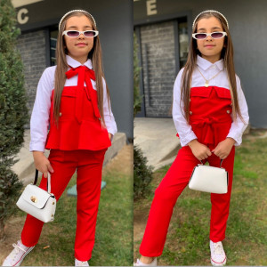 Compleu Alb-Rosu, Elegant, 3 Piese, Bluza, Pantaloni si Curea, Pentru Fetite, 4-12 ani