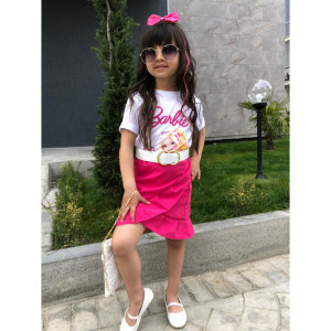 Compleu Barbie 3 piese pentru fetite fusta, tricou si curea, Roz