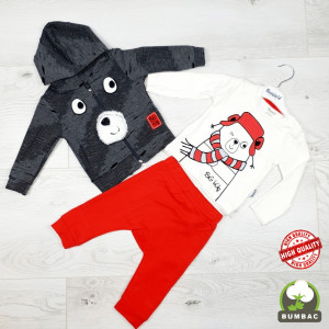 Compleu bebelusi ursulet si om de zapada, 100% bumbac, rosu, 9-24 luni