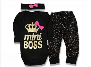 Compleu Mini Boss, Roz, 3 Piese, Body, Pantaloni si Bentita, 100% Bumbac, Pentru Fetite, 0-6 luni