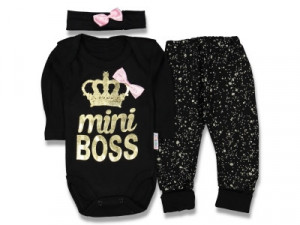 Compleu Mini Boss, Roz-Deschis, 3 Piese, Body, Pantaloni si Bentita, 100% Bumbac, Pentru Fetite, 0-6 luni