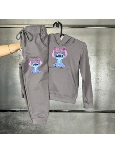 Trening Gri, Stitch, 100% Bumbac, 2 Piese, Hanorac cu Gluga si Pantaloni, Pentru Copii, 4-12 Ani