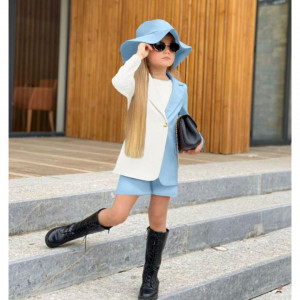 Compleu Alb-Albastru, Elegant, 4 Piese, Sacou, Maiou, Pantaloni Scurti si Palarie, Pentru Fetite, 3-12 ani