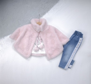 Compleu Beautiful, Roz, 3 Piese, Gecuta Pufoasa, Bluza si Blugi, Pentru Fetite, 1-3 ani