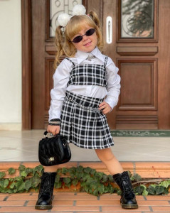 Compleu Carouri, Alb-Negru, Pentru Fetite, 4 Piese, Camasa, Fustita, Accesoriu Fusta si Top, 5-12 ani
