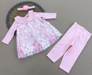 Compleu cu Floricele, Roz, 3 Piese, Bluza, Pantaloni si Bentita, Pentru Fetite, 3-9 luni
