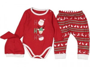 Compleu Mos Craciun si Prietenii Lui, 3 Piese, Pantaloni, Body, Pantaloni si Caciulita, Rosu, 6-18 luni