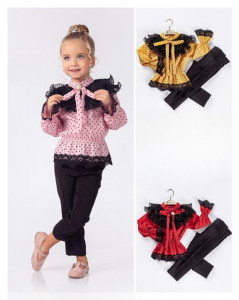 Compleu Roz, 2 Piese, cu Bulinute Negre, Bluza si Colanti, Pentru Fete, 3-6 ani