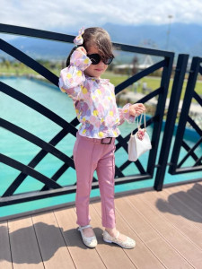 Compleu Roz, cu Bulinute, 3 Piese, Bluza, Pantaloni si Gentuta, Pentru Fetite, 4-12 ani