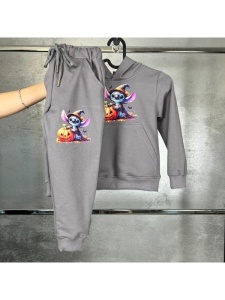 Trening Gri, Stitch Halloween, 100% Bumbac, 2 Piese, Hanorac cu Gluga si Pantaloni, Pentru Copii, 4-12 Ani