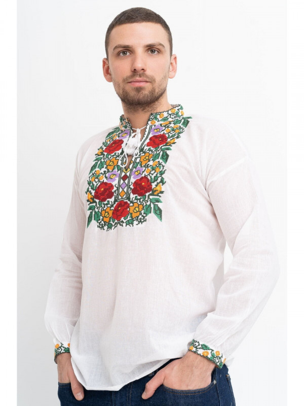 Ie barbat din bumbac alb cu model traditional flori multicolore