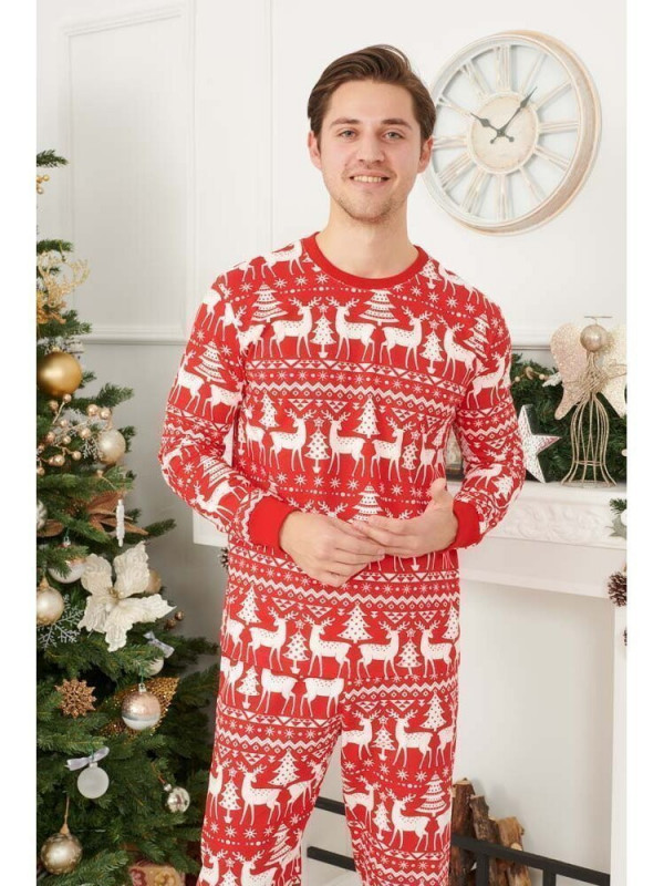 Pijama de Craciun Barbat cu Maneca Lunga din Bumbac Rosu cu Alb model Sparkle 1