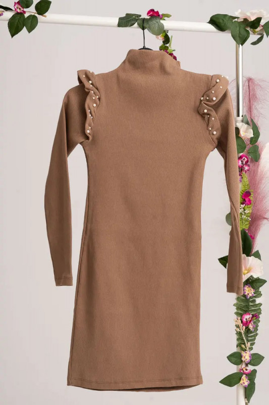 Rochie dama latte cu maneca lunga si volane cu perle mm