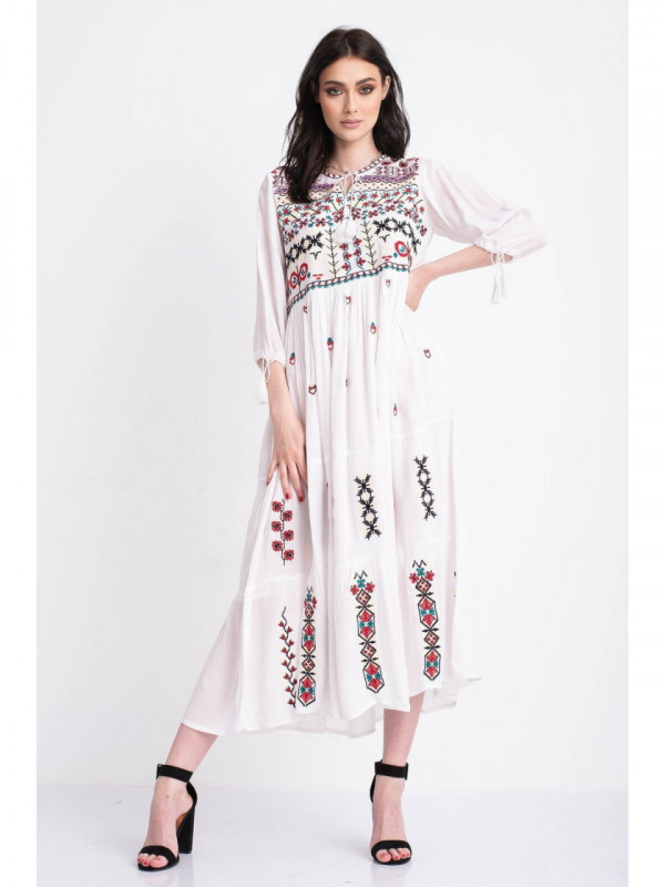 Rochie tip ie traditionala lunga din bumbac alb cu model geometric mov