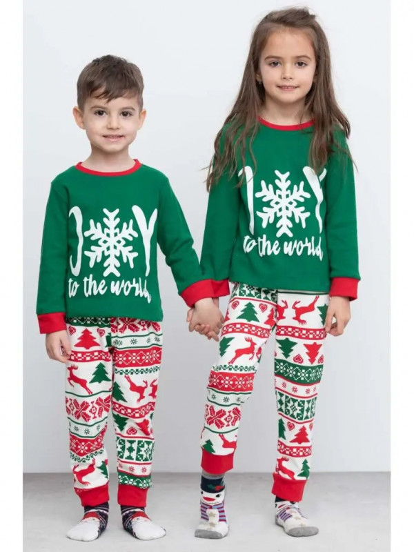 Pijama Craciun Copil cu Maneca Lunga din Bumbac Verde Tinsel