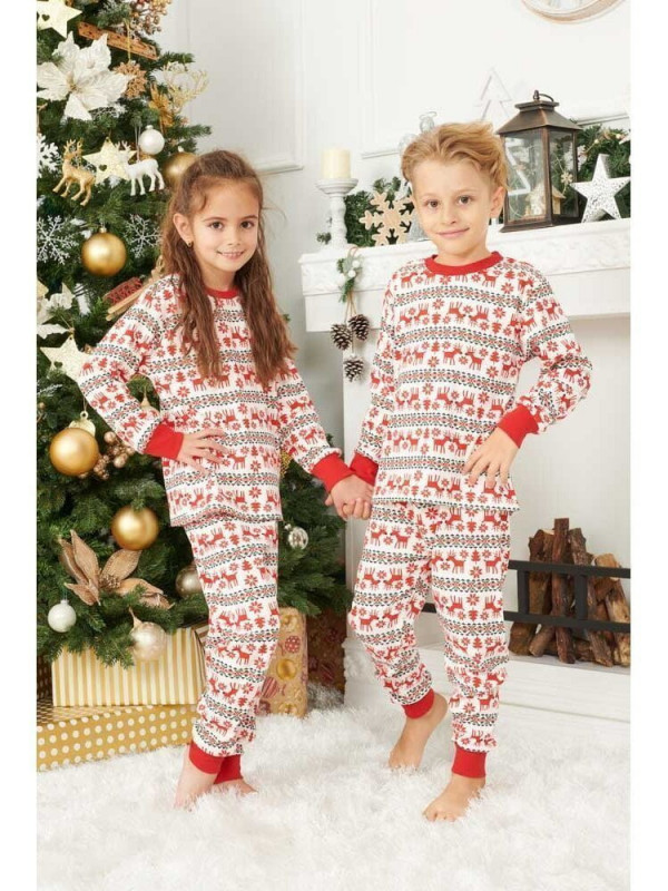 Pijama de Craciun copii model alb cu reni rosii din bumbac