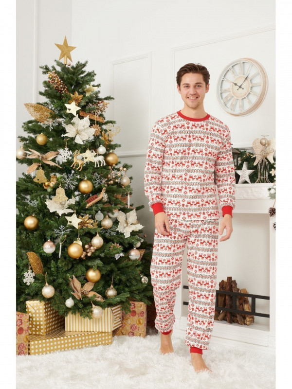 Pijama de Craciun barbat model alb cu reni rosii din bumbac