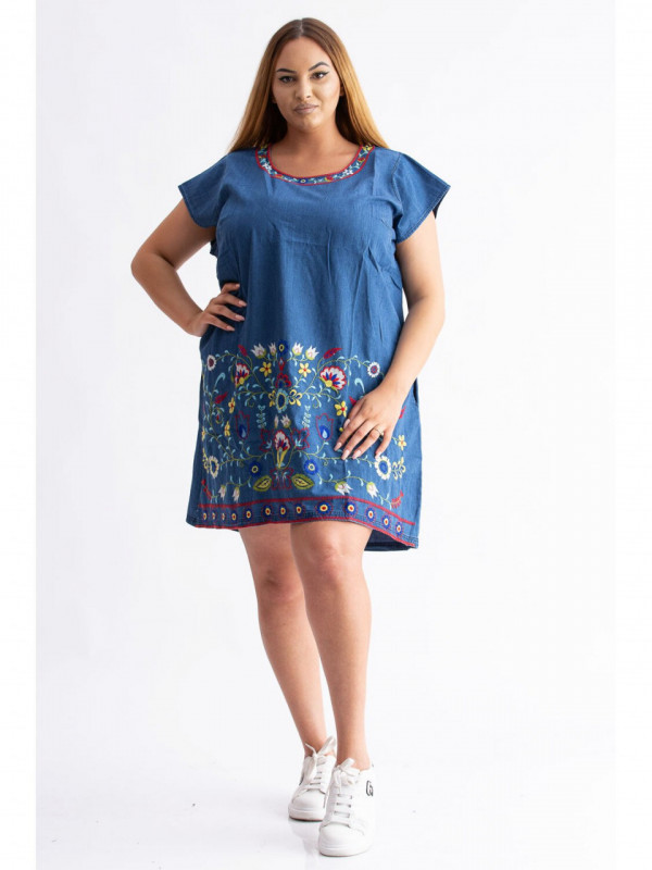 Rochie dama marimi mari din bumbac albastru cu model abstract