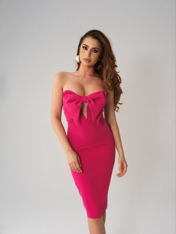 Rochie viva fucsia cambrata cu crapatura si funda ampla