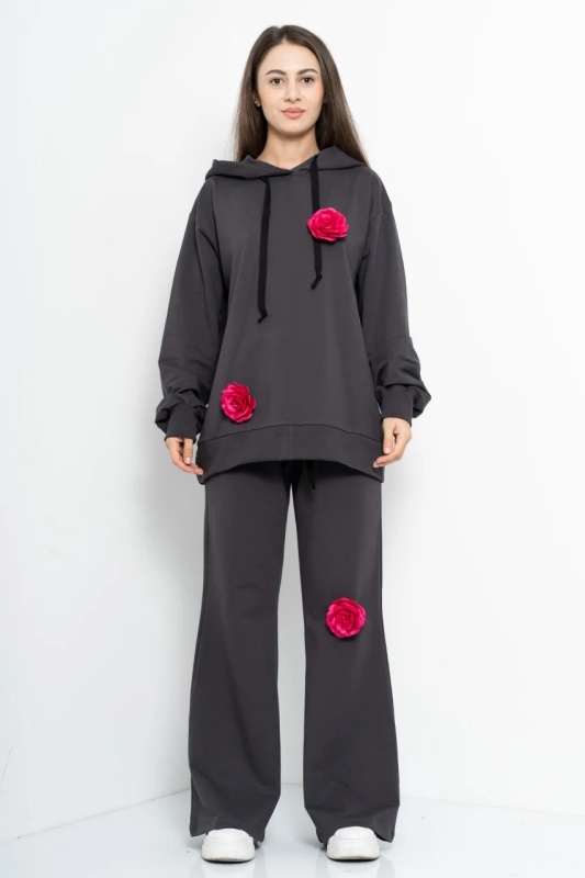 Trening dama COZY CUSTOM Oversize WKND gri cu 3 trandafiri fucsia-slim