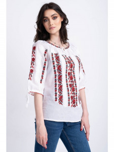 Bluza traditionala din bumbac alb cu broderie inflorata rosie pentru dama - Img 2
