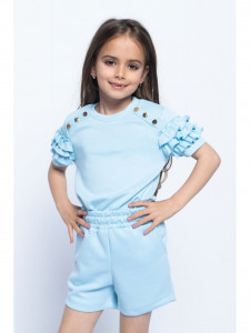 Compleu Casual Bleu cu Capse si Volane pentru Fete - Img 4