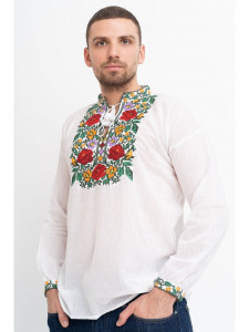 Ie barbat din bumbac alb cu model traditional flori multicolore - Img 1
