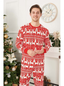 Pijama de Craciun Barbat cu Maneca Lunga din Bumbac Rosu cu Alb model Sparkle 1 - Img 1