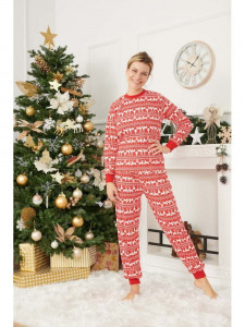 Pijama de Craciun dama model rosu cu reni albi - Img 1