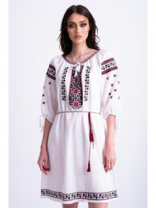 Rochie dama tip ie traditionala din bumbac alb cu broderie rosie - Img 1