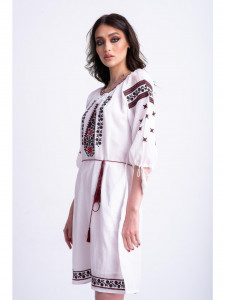 Rochie dama tip ie traditionala din bumbac alb cu broderie rosie - Img 2