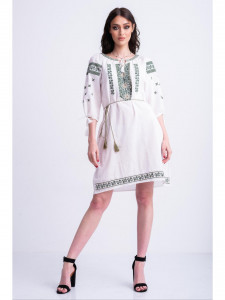 Rochie dama tip ie traditionala din bumbac alb cu broderie verde - Img 2