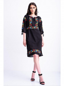 Rochie dama tip ie traditionala din bumbac negru cu broderie florala multicolora - Img 3