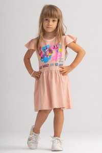 Rochie din bumbac peach cu maneca vaporoasa si fundita in talie pentru fetite - Img 1