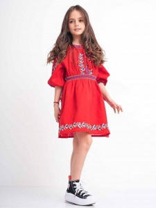 Rochie fetite tip ie din bumbac rosu cu model traditional - Img 4