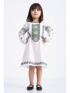 Rochie fetite tip ie traditionala din bumbac alb cu broderie verde - Img 2