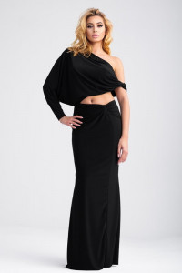 Rochie lunga, neagra cu decupaj lateral si nod in talie - Img 2
