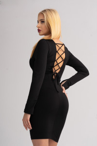 Rochie neagra slim cu snur tip corset - Img 1
