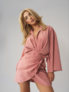 Rochie roz petrecuta tip camasa cu spate decupat si maneci largi - Img 4
