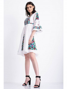 Rochie tip ie traditionala din bumbac alb cu model brodat multicolor - Img 6