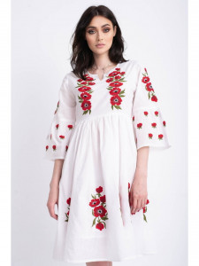 Rochie tip ie traditionala din bumbac alb cu model brodat rosu - Img 6