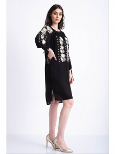 Rochie tip ie traditionala din bumbac negru cu broderie aurie - Img 3