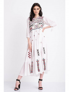 Rochie tip ie traditionala lunga din bumbac alb cu model geometric mov