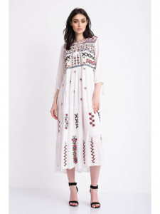 Rochie tip ie traditionala lunga din bumbac alb cu model geometric mov - Img 3