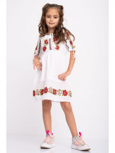 Rochie Traditionala din Bumbac Alb Brodat cu Flori Rosii - Img 3