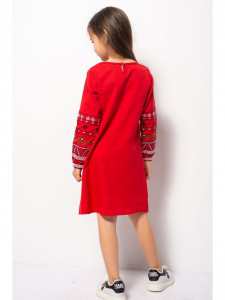 Rochie Traditionala din Bumbac Rosu cu Broderie Geometrica - Img 3