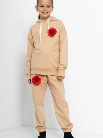 Trening Copii COZY CUSTOM Bej Oversize WKND cu 3 trandafiri rosii-slim