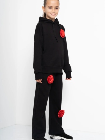 Trening Copii COZY CUSTOM Negru Oversize WKND cu 3 trandafiri rosii-evazat - Img 2