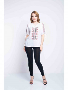 Bluza dama tip ie din bumbac alba cu model traditional colorat - Img 3