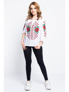 Bluza dama tip ie din bumbac alba cu model traditional rosu - Img 4